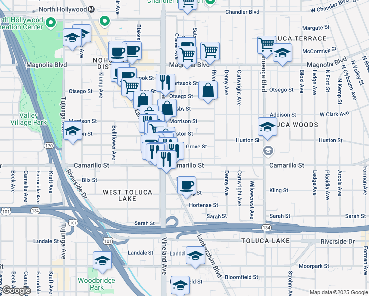 map of restaurants, bars, coffee shops, grocery stores, and more near 10858 Huston Street in Los Angeles