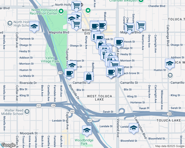 map of restaurants, bars, coffee shops, grocery stores, and more near 11170 Huston Street in Los Angeles