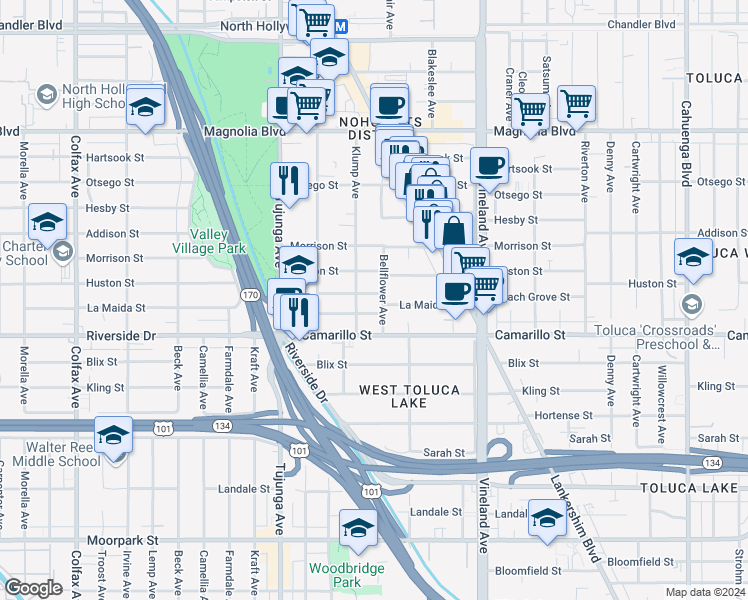 map of restaurants, bars, coffee shops, grocery stores, and more near in Los Angeles
