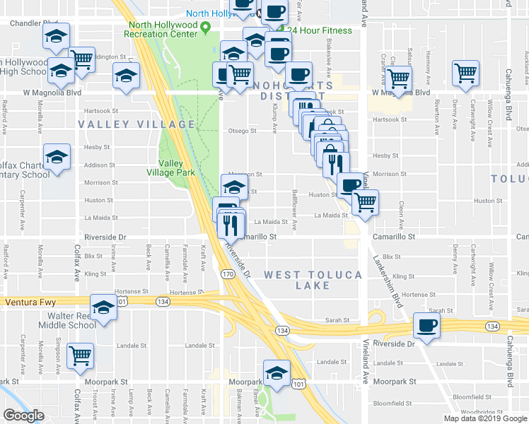 map of restaurants, bars, coffee shops, grocery stores, and more near 11275 Peach Grove Street in Los Angeles