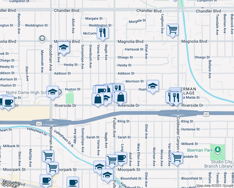 map of restaurants, bars, coffee shops, grocery stores, and more near 4906 Fulton Avenue in Los Angeles