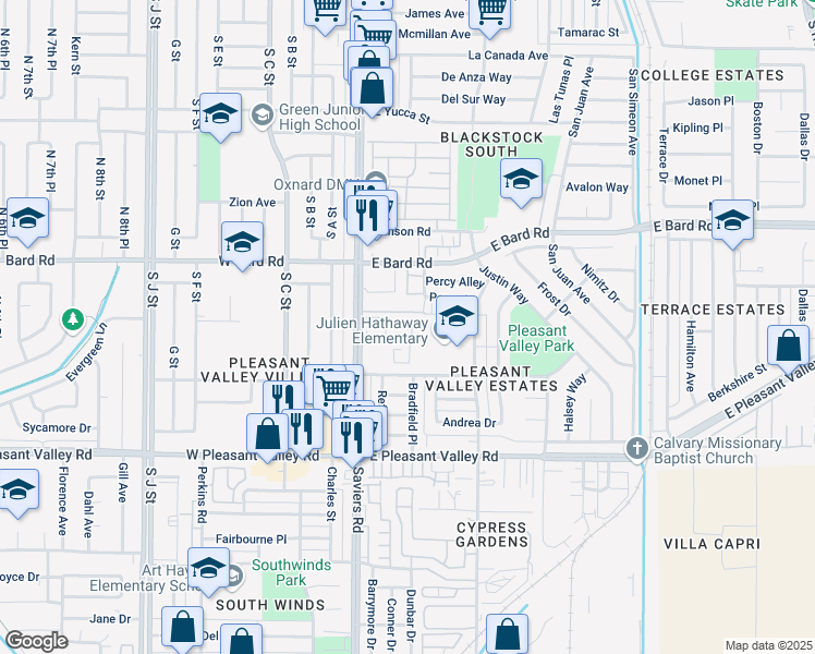 map of restaurants, bars, coffee shops, grocery stores, and more near 4450 Saviers Road in Oxnard