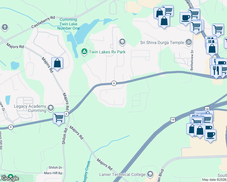 map of restaurants, bars, coffee shops, grocery stores, and more near 2896 Cross Creek Drive in Cumming