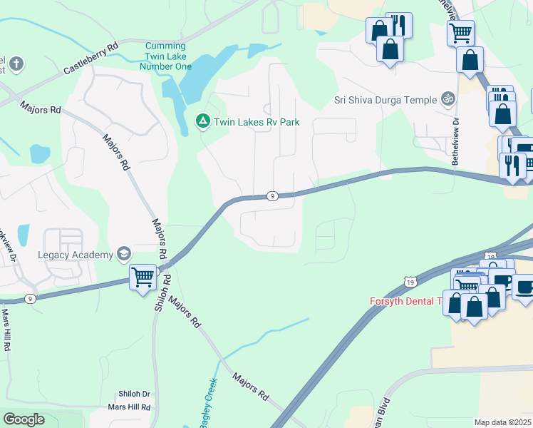 map of restaurants, bars, coffee shops, grocery stores, and more near 2895 Cross Creek Drive in Cumming