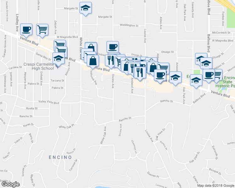 map of restaurants, bars, coffee shops, grocery stores, and more near 4854 Encino Avenue in Los Angeles