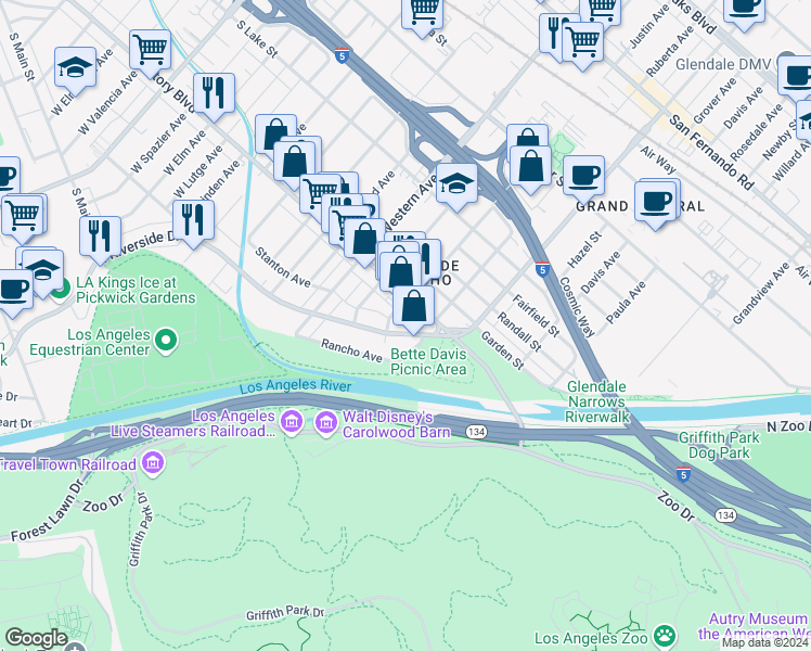 map of restaurants, bars, coffee shops, grocery stores, and more near 1545 Riverside Drive in Glendale