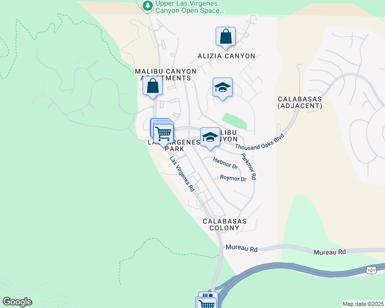 map of restaurants, bars, coffee shops, grocery stores, and more near 5627 Ruthwood Drive in Calabasas