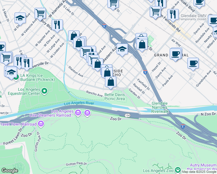 map of restaurants, bars, coffee shops, grocery stores, and more near 1545 Riverside Drive in Glendale