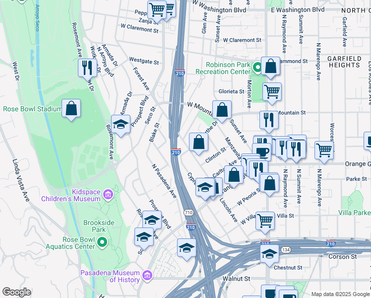 map of restaurants, bars, coffee shops, grocery stores, and more near 869 Lincoln Avenue in Pasadena
