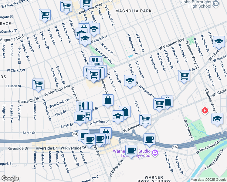 map of restaurants, bars, coffee shops, grocery stores, and more near 429 North Cordova Street in Burbank