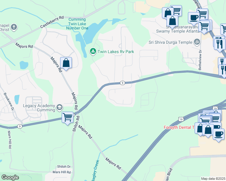 map of restaurants, bars, coffee shops, grocery stores, and more near 2855 Cross Creek Drive in Cumming