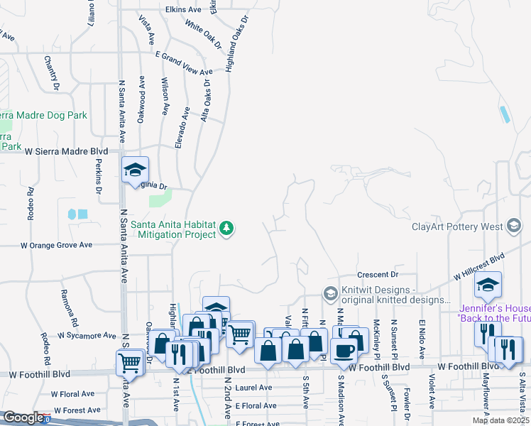 map of restaurants, bars, coffee shops, grocery stores, and more near 367 Monterey Pines Drive in Arcadia