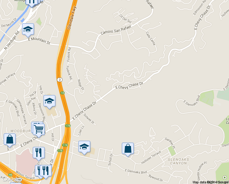 map of restaurants, bars, coffee shops, grocery stores, and more near 2248 East Chevy Chase Drive in Glendale