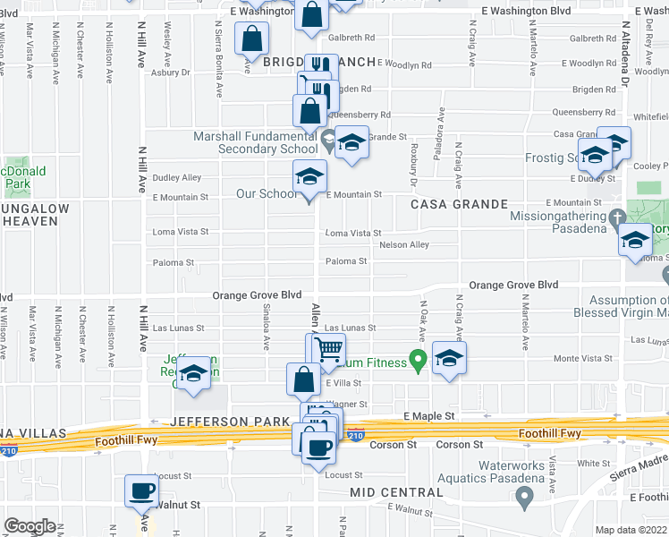map of restaurants, bars, coffee shops, grocery stores, and more near 1850 Paloma Street in Pasadena