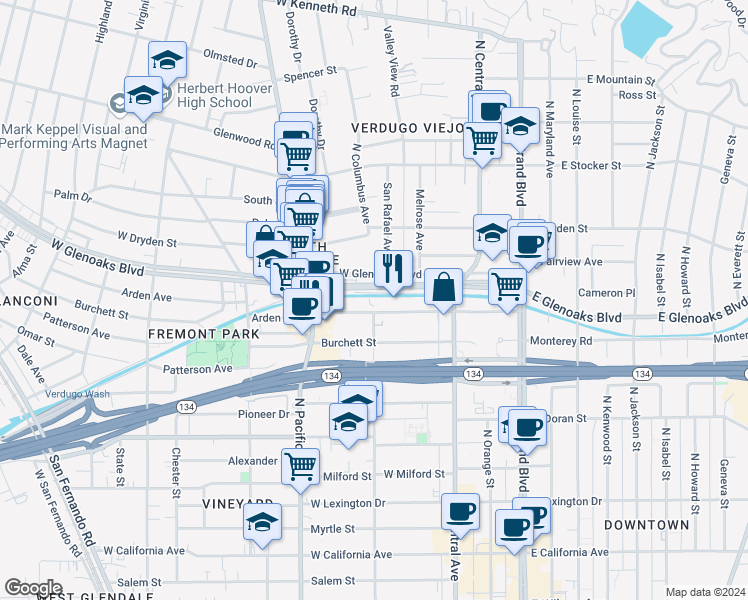 map of restaurants, bars, coffee shops, grocery stores, and more near 395 Arden Avenue in Glendale