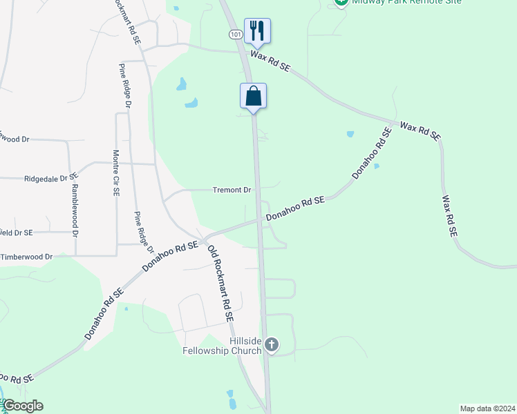 map of restaurants, bars, coffee shops, grocery stores, and more near 4758 Rockmart Road Southeast in Silver Creek