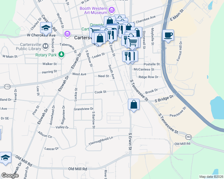 map of restaurants, bars, coffee shops, grocery stores, and more near 121 South Avenue in Cartersville