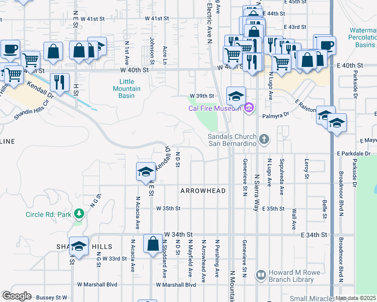 map of restaurants, bars, coffee shops, grocery stores, and more near 3766 North Arrowhead Avenue in San Bernardino