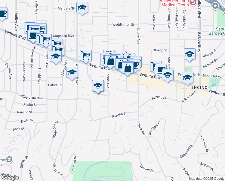 map of restaurants, bars, coffee shops, grocery stores, and more near 4854 Encino Avenue in Los Angeles