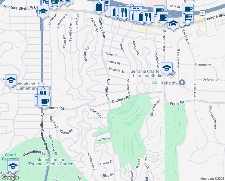 map of restaurants, bars, coffee shops, grocery stores, and more near 21327 Providencia Street in Los Angeles