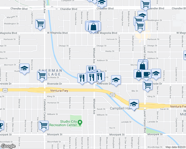 map of restaurants, bars, coffee shops, grocery stores, and more near 12500 Huston Street in Los Angeles