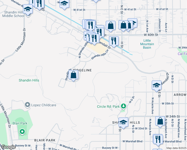 map of restaurants, bars, coffee shops, grocery stores, and more near 3570 Ridge Line Drive in San Bernardino