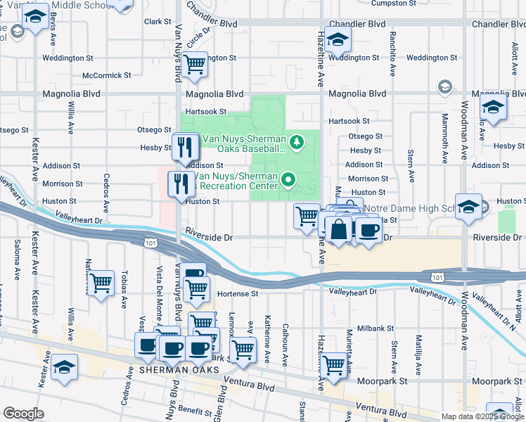 map of restaurants, bars, coffee shops, grocery stores, and more near 4847 Katherine Avenue in Los Angeles