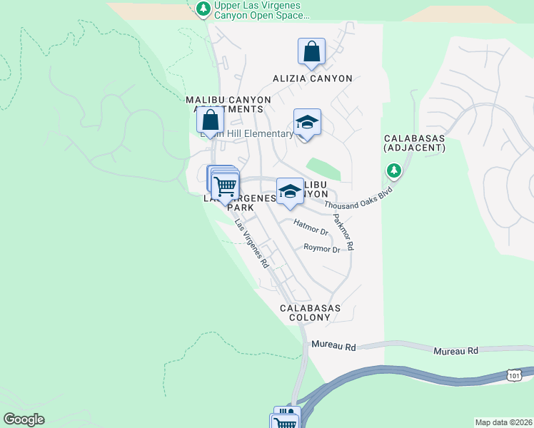 map of restaurants, bars, coffee shops, grocery stores, and more near 5627 Ruthwood Drive in Calabasas