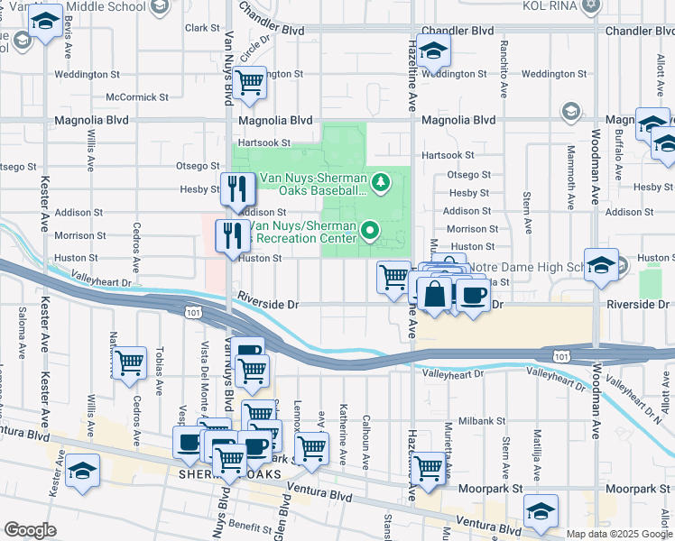 map of restaurants, bars, coffee shops, grocery stores, and more near 4847 Katherine Avenue in Los Angeles