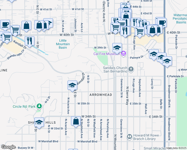map of restaurants, bars, coffee shops, grocery stores, and more near 3766 North Arrowhead Avenue in San Bernardino