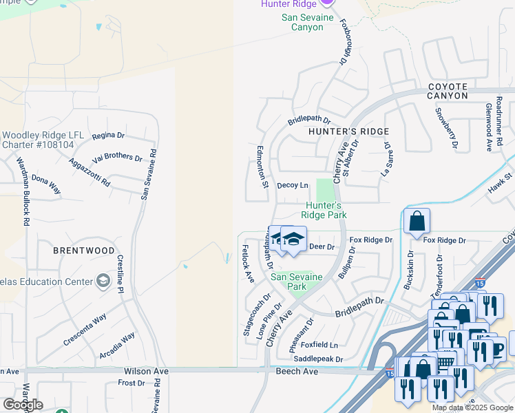 map of restaurants, bars, coffee shops, grocery stores, and more near 14559 Vancouver Avenue in Fontana