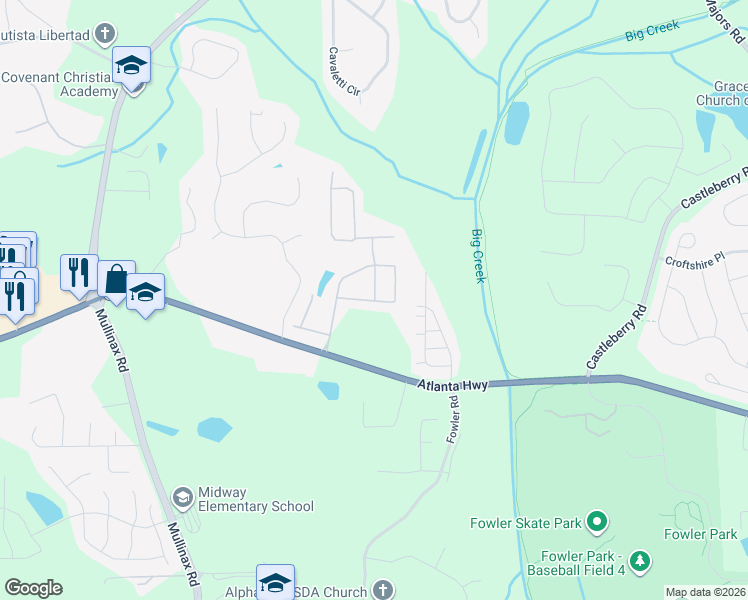 map of restaurants, bars, coffee shops, grocery stores, and more near Breezewood Circle in Alpharetta