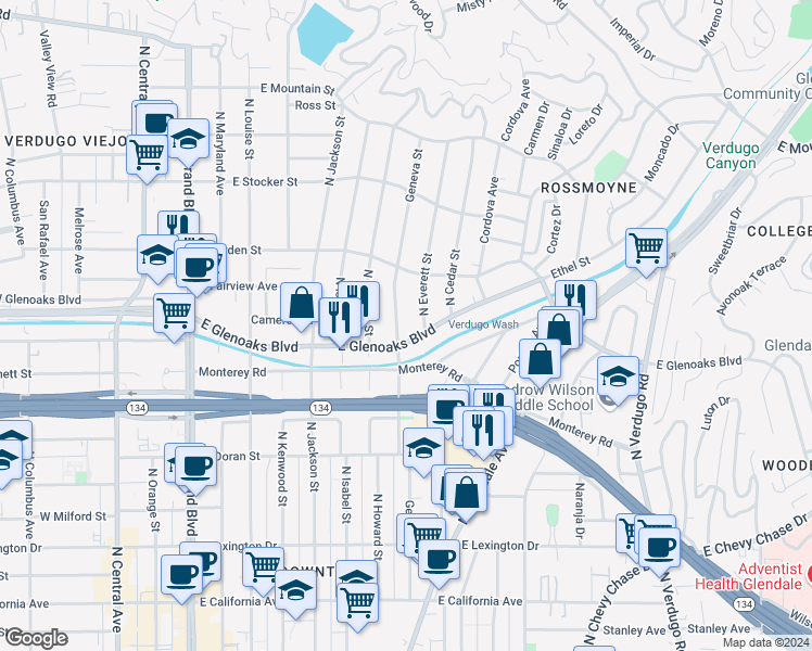 map of restaurants, bars, coffee shops, grocery stores, and more near Geneva Street in Glendale