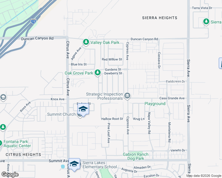 map of restaurants, bars, coffee shops, grocery stores, and more near 5240 Wintercress Avenue in Fontana
