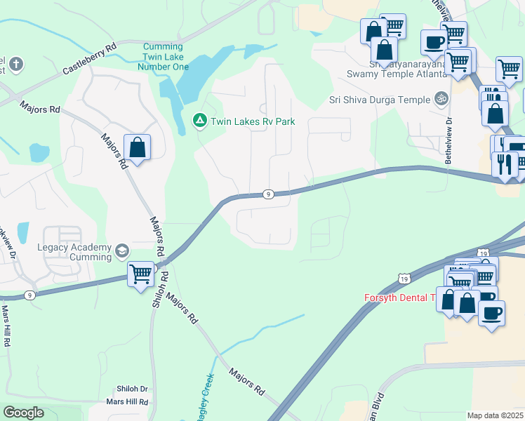 map of restaurants, bars, coffee shops, grocery stores, and more near 2895 Cross Creek Drive in Cumming