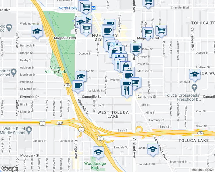 map of restaurants, bars, coffee shops, grocery stores, and more near 11159 La Maida Street in Los Angeles