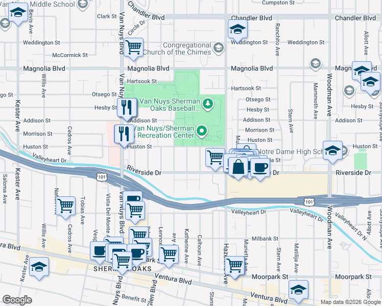 map of restaurants, bars, coffee shops, grocery stores, and more near 4846 Katherine Avenue in Los Angeles