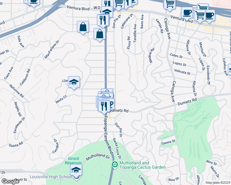 map of restaurants, bars, coffee shops, grocery stores, and more near Don Pio Drive in Los Angeles