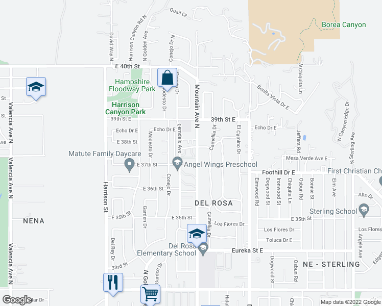 map of restaurants, bars, coffee shops, grocery stores, and more near 3756 Village Lane in San Bernardino