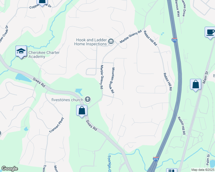 map of restaurants, bars, coffee shops, grocery stores, and more near 2840 Mountain Brook Road in Canton