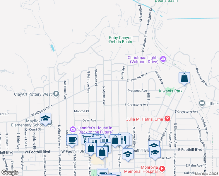 map of restaurants, bars, coffee shops, grocery stores, and more near 359 North Encinitas Avenue in Monrovia