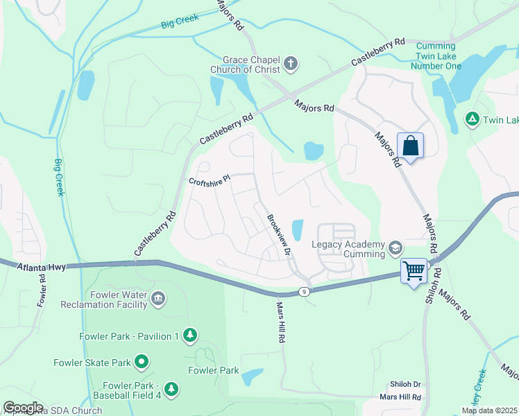 map of restaurants, bars, coffee shops, grocery stores, and more near 4175 Brookview Drive in Cumming