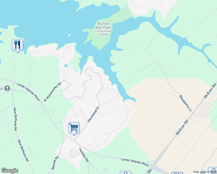 map of restaurants, bars, coffee shops, grocery stores, and more near 6313 Shoreland Circle in Buford