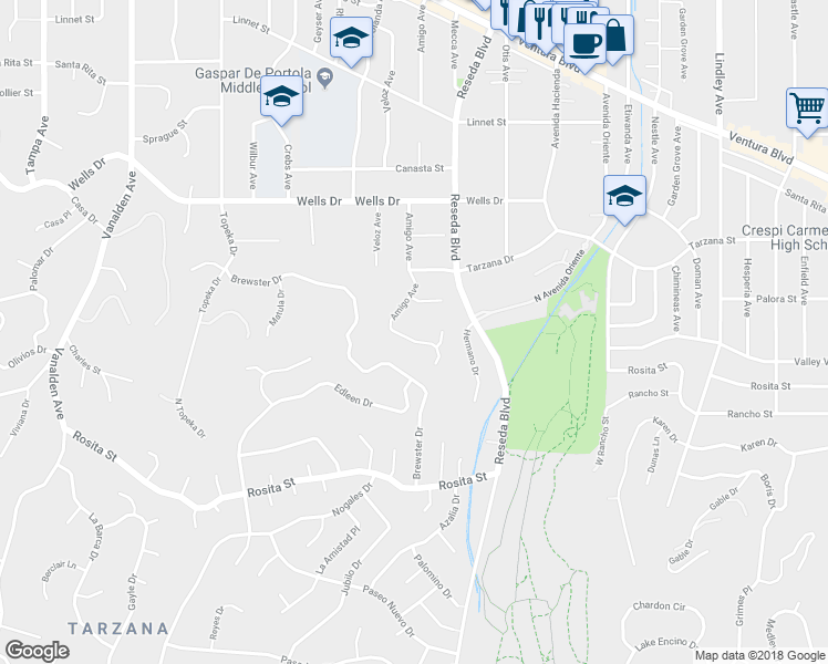 map of restaurants, bars, coffee shops, grocery stores, and more near 4760 Amigo Avenue in Los Angeles