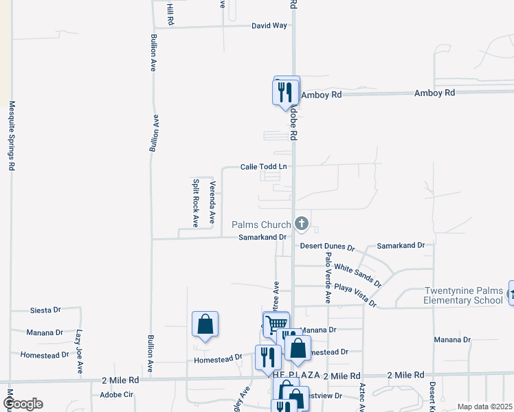 map of restaurants, bars, coffee shops, grocery stores, and more near Calle Todd Lane in Twentynine Palms