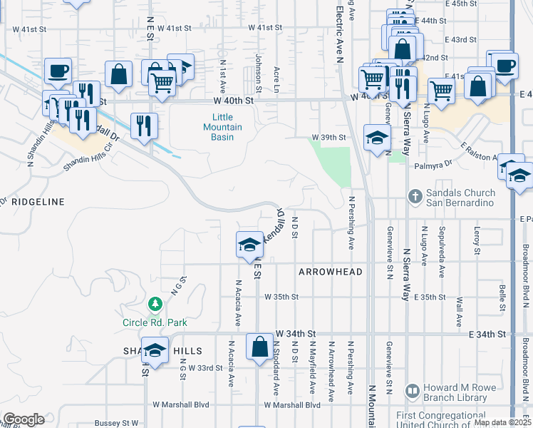 map of restaurants, bars, coffee shops, grocery stores, and more near 3698 North E Street in San Bernardino