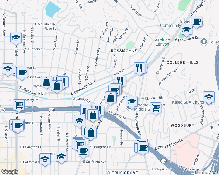 map of restaurants, bars, coffee shops, grocery stores, and more near 969 Coronado Drive in Glendale
