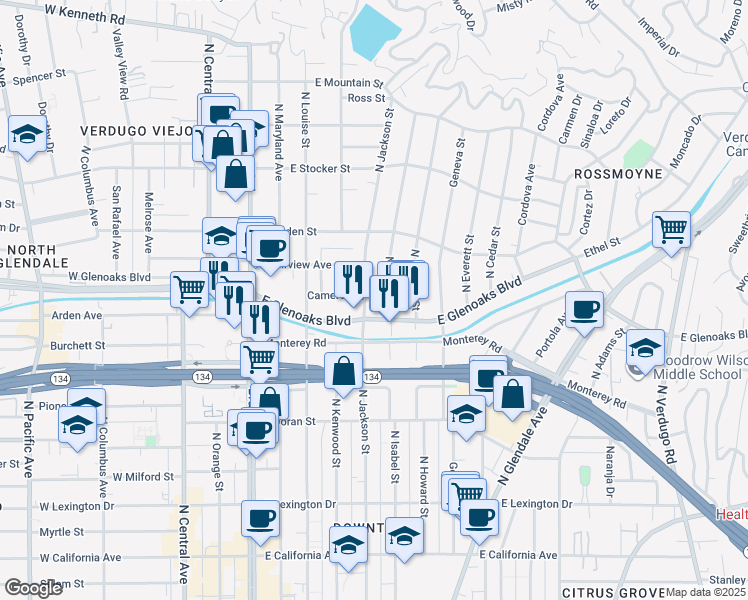 map of restaurants, bars, coffee shops, grocery stores, and more near 926 North Jackson Street in Glendale