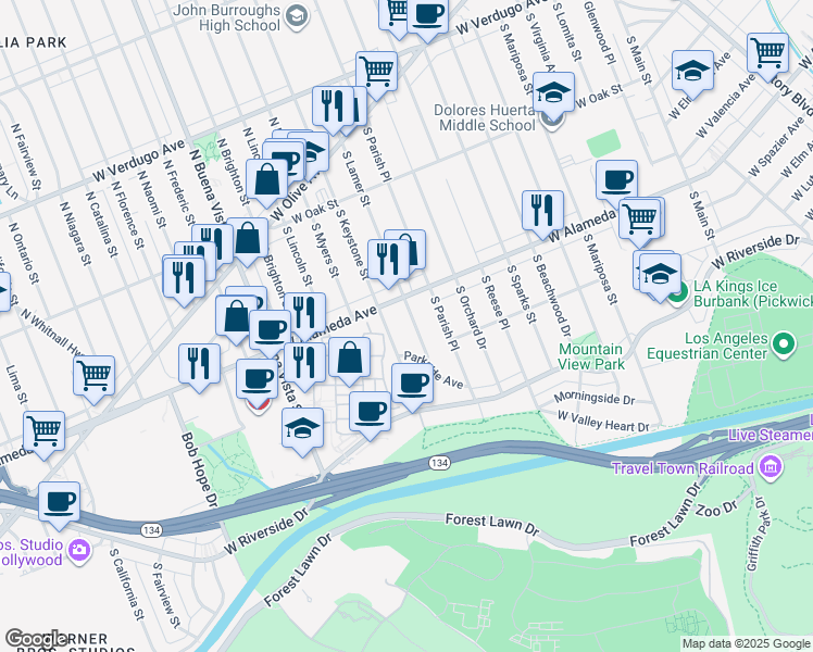 map of restaurants, bars, coffee shops, grocery stores, and more near 411 South Lamer Street in Burbank