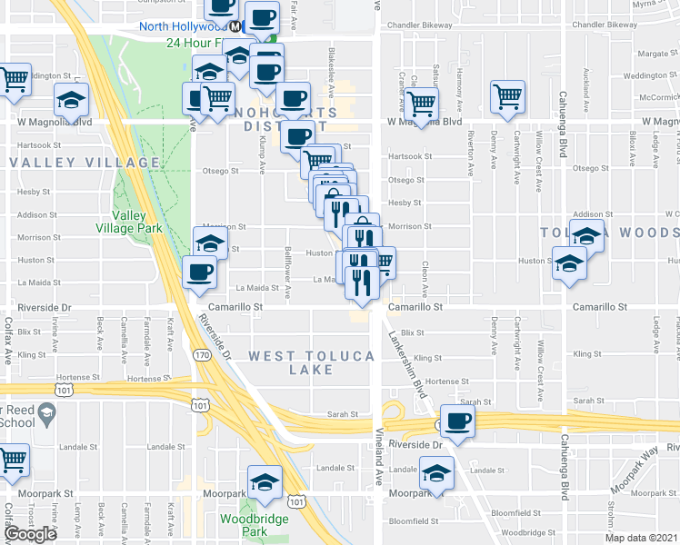 map of restaurants, bars, coffee shops, grocery stores, and more near 11126 Huston Street in Los Angeles